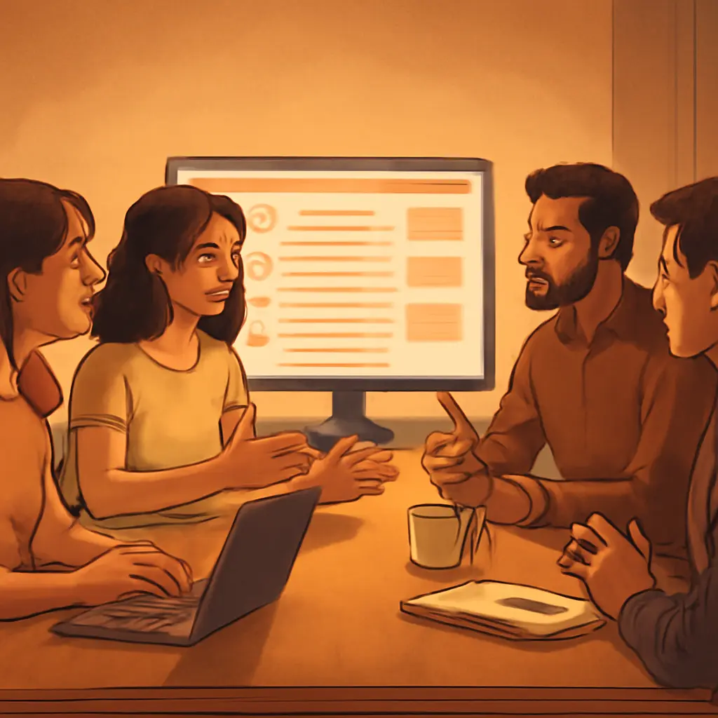 Community discussion Группа людей обсуждает правила патронажа