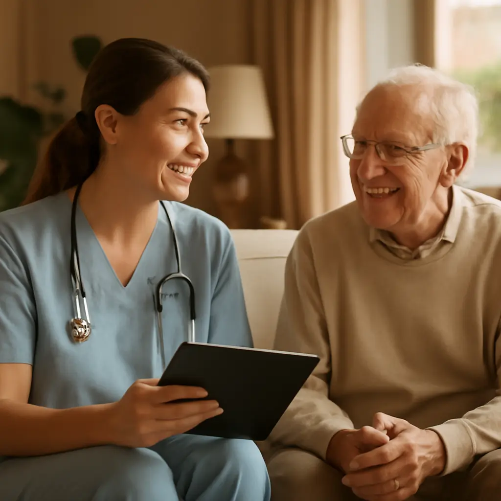 Специалист патронажа использует планшет дома у пациента