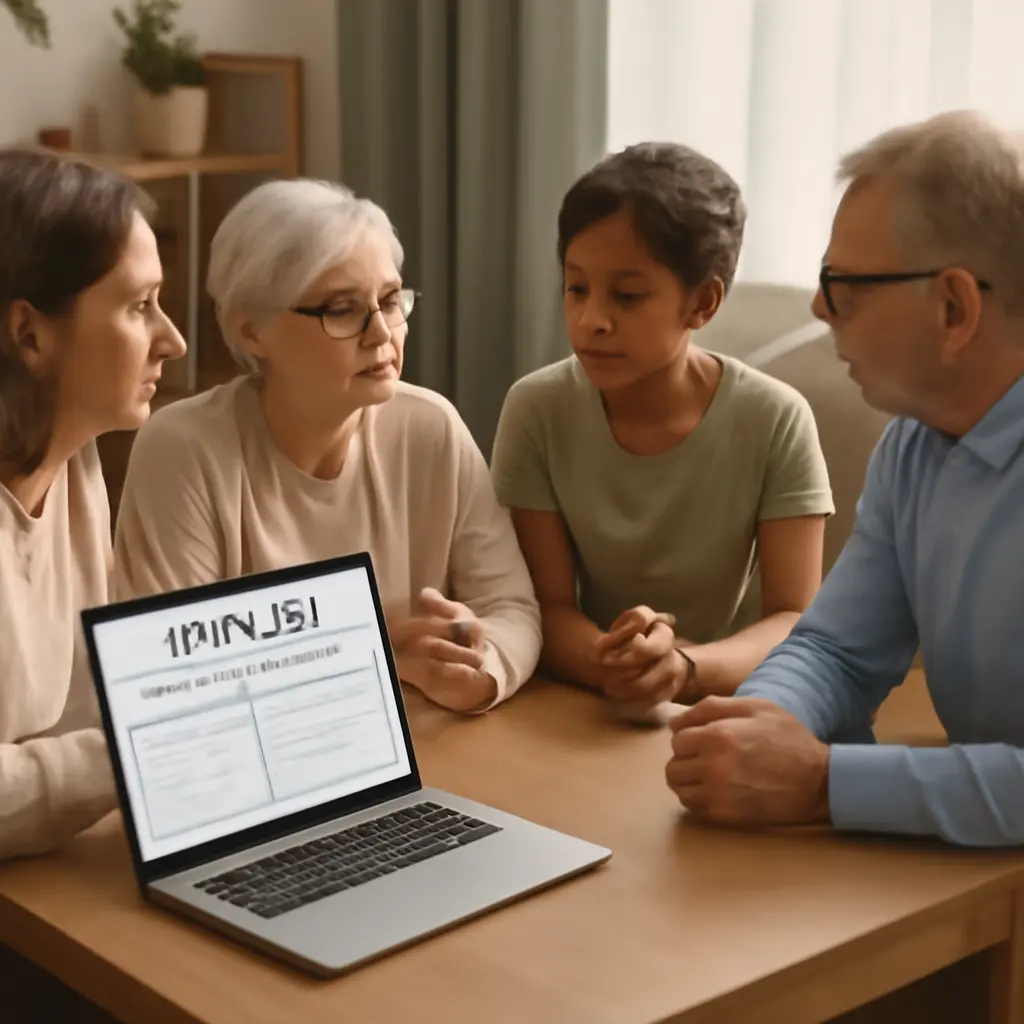 Домашнее посещение: ноутбук и медкарта на столе, родственники обсуждают план ухода