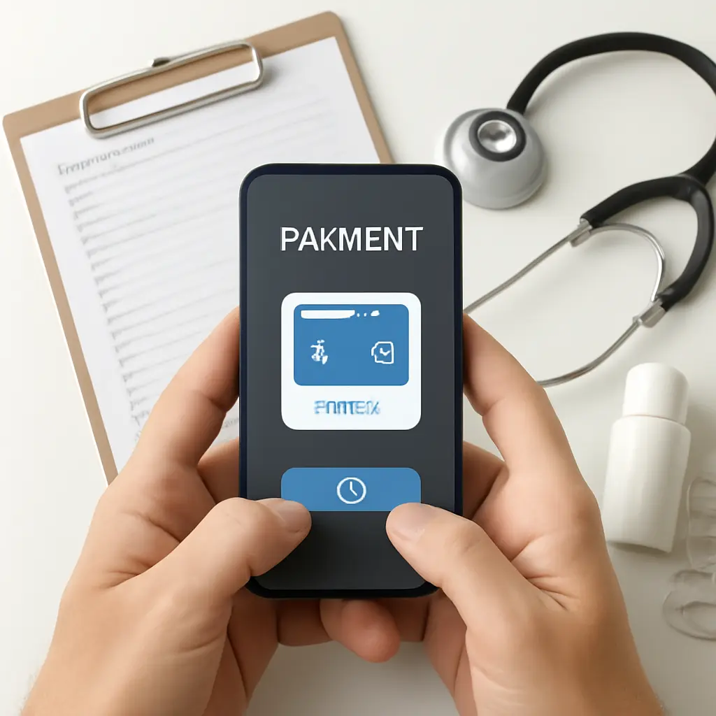 Руки, держащие смартфон с платёжным приложением, рядом документы и медицинские принадлежности