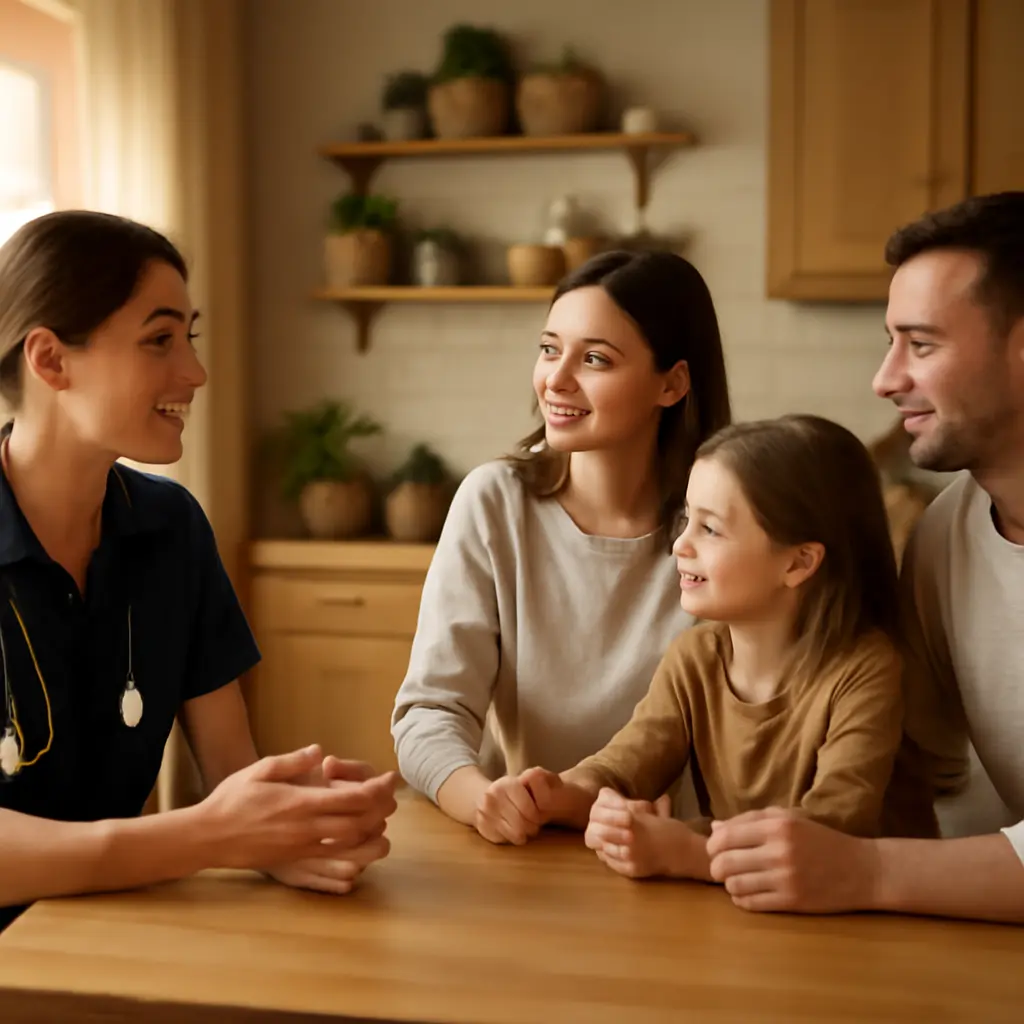 Медсестра или патронажный работник разговаривает с семьёй в домашней обстановке