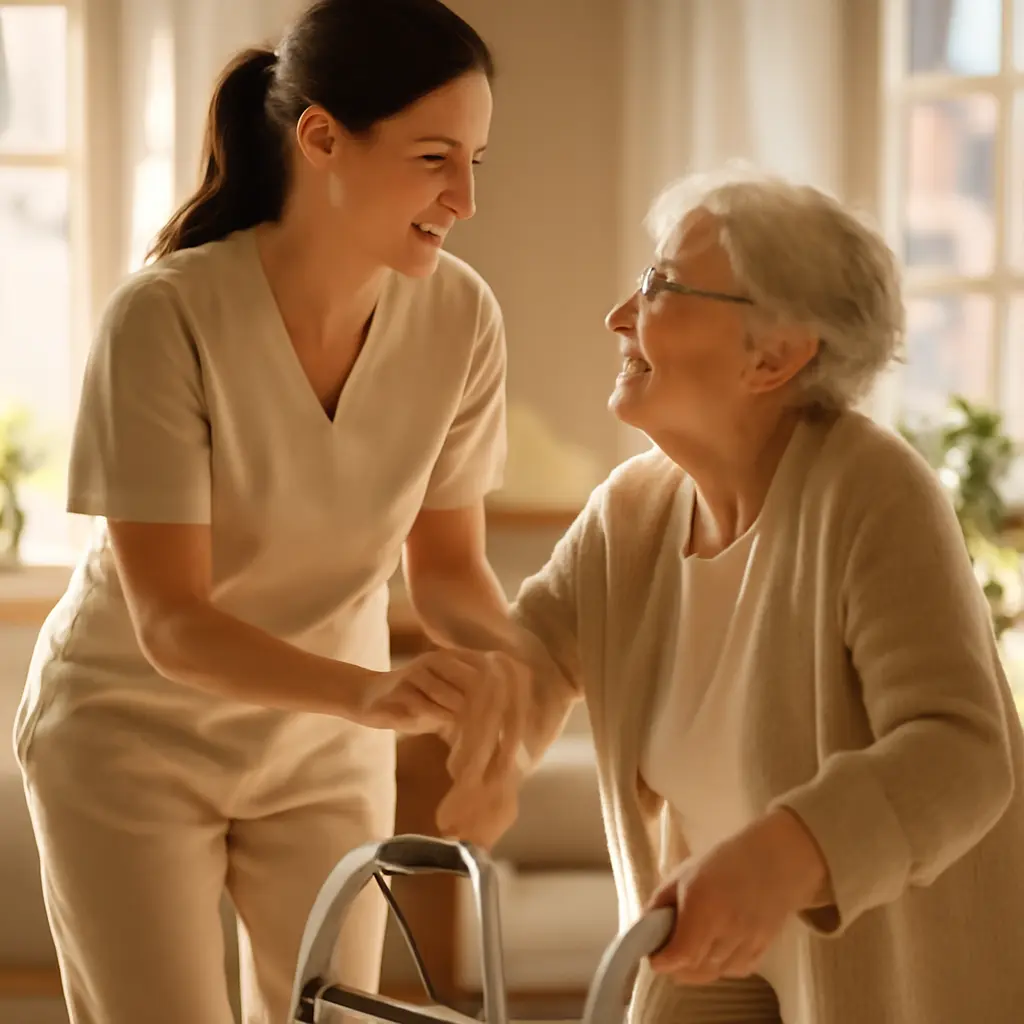 Сиделка помогает пожилому человеку в домашних условиях, забота и внимание