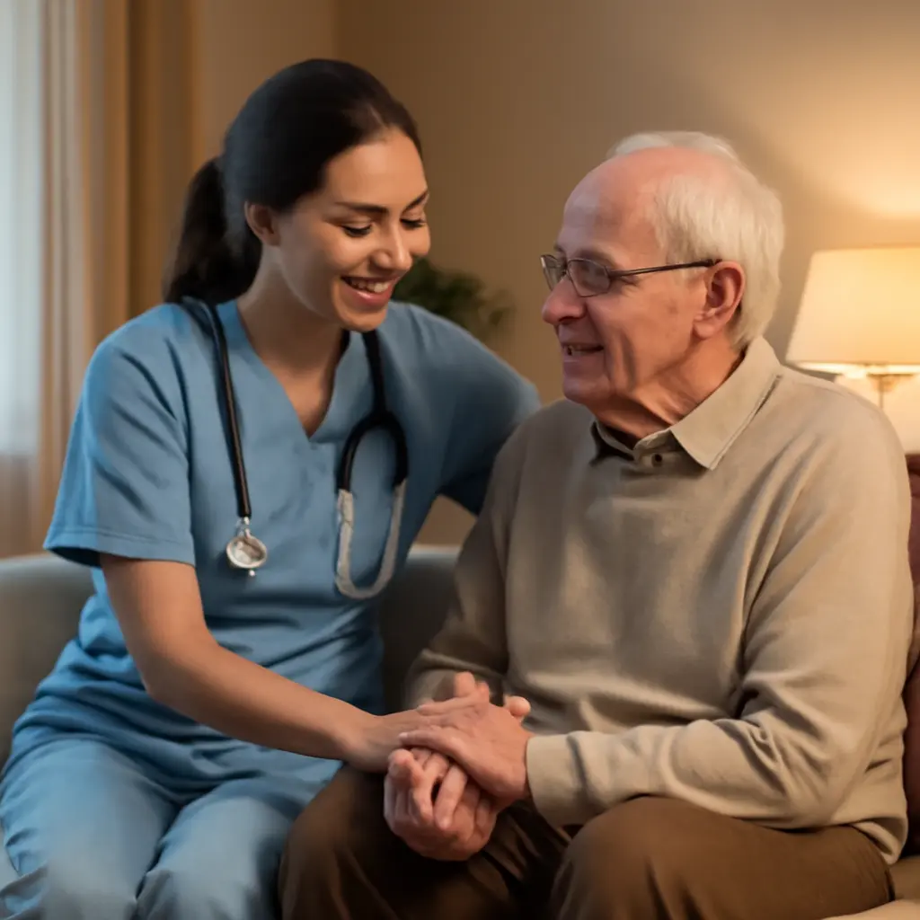 Медсестра помогает пожилому человеку в квартире