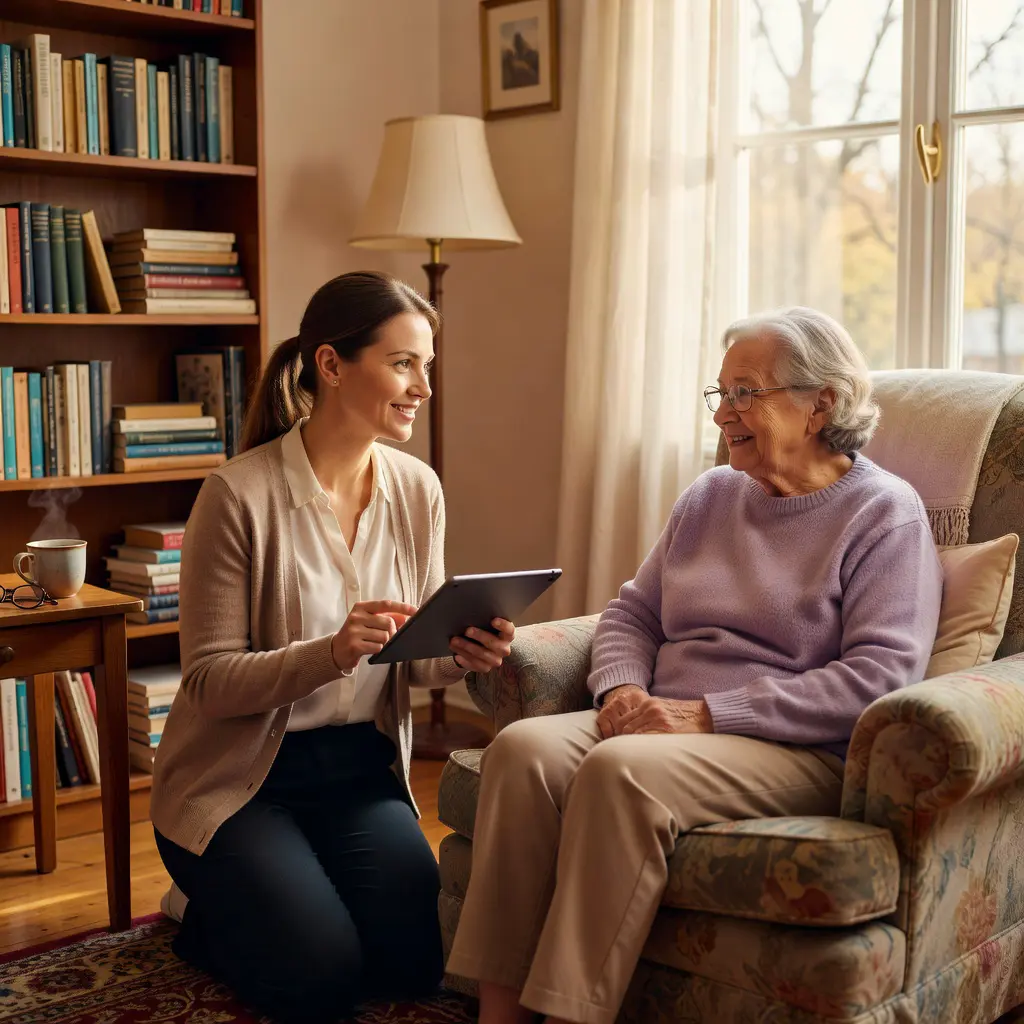 Патронажная медсестра с планшетом внимательно слушает пожилую женщину дома, демонстрируя сочетание технологий и живой заботы