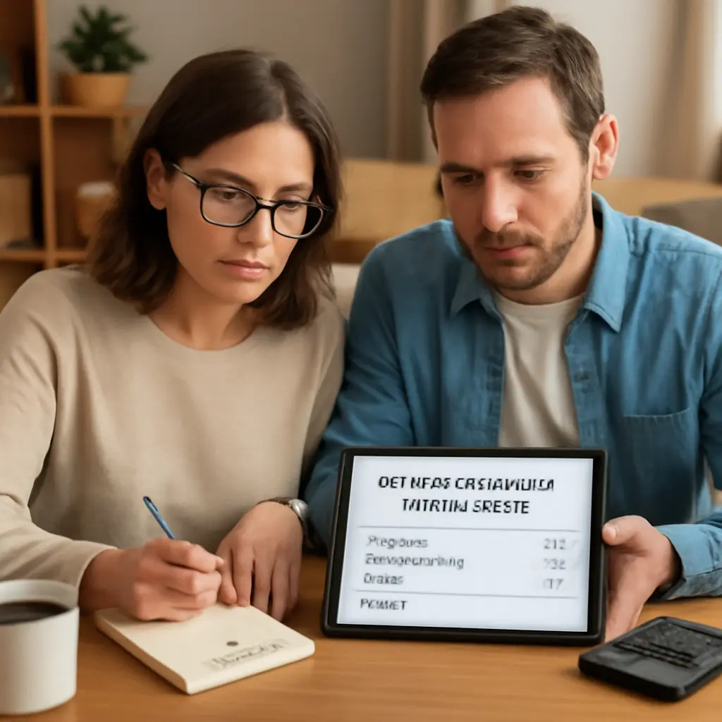 Планирование бюджета Семья планирует бюджет на уход с помощью заметок и планшета