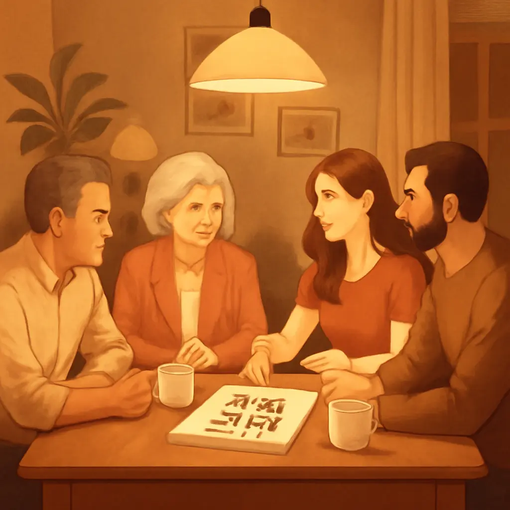 Семья и уход Семья обсуждает план патронажа за столом