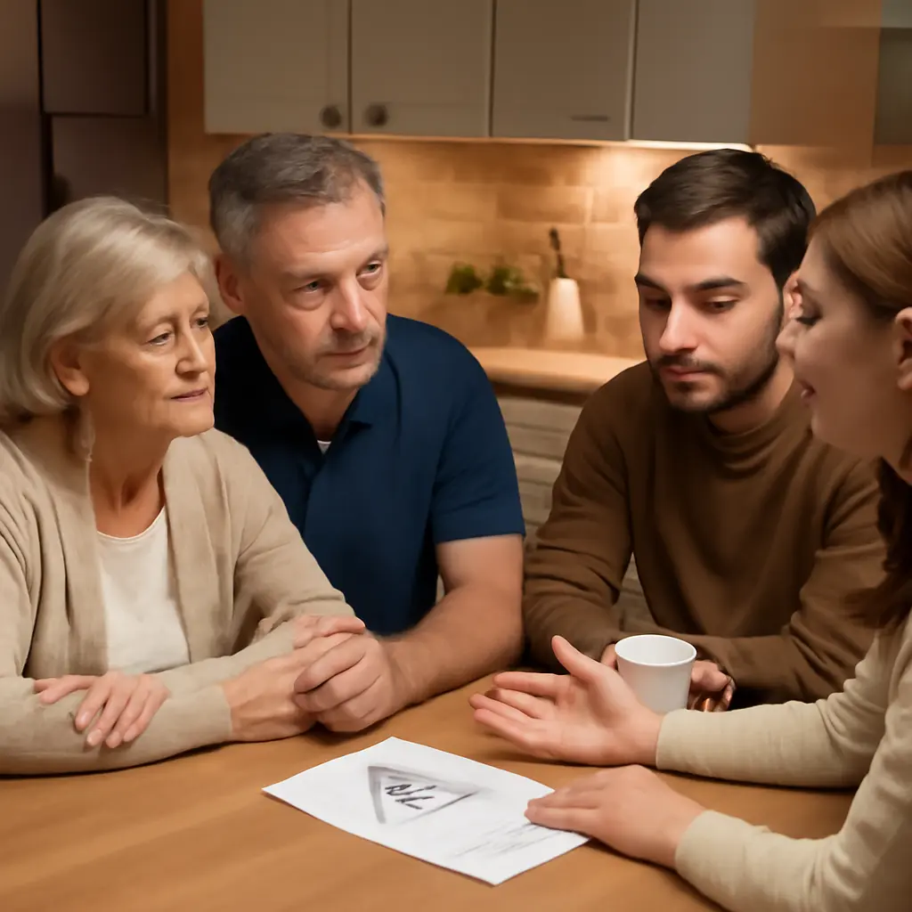 Семья обсуждает варианты ухода за пожилым родственником дома
