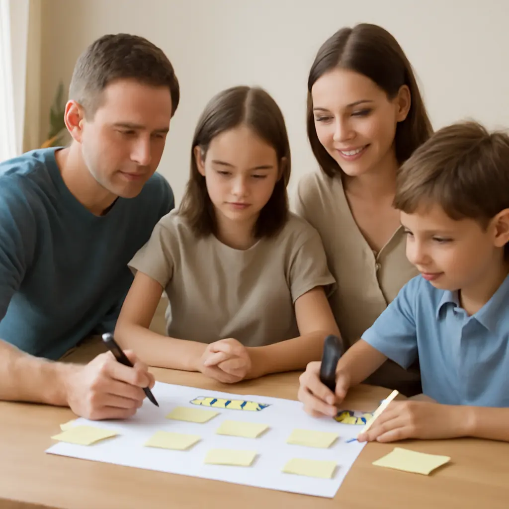 Семья обсуждает план дома за столом, записывают заметки