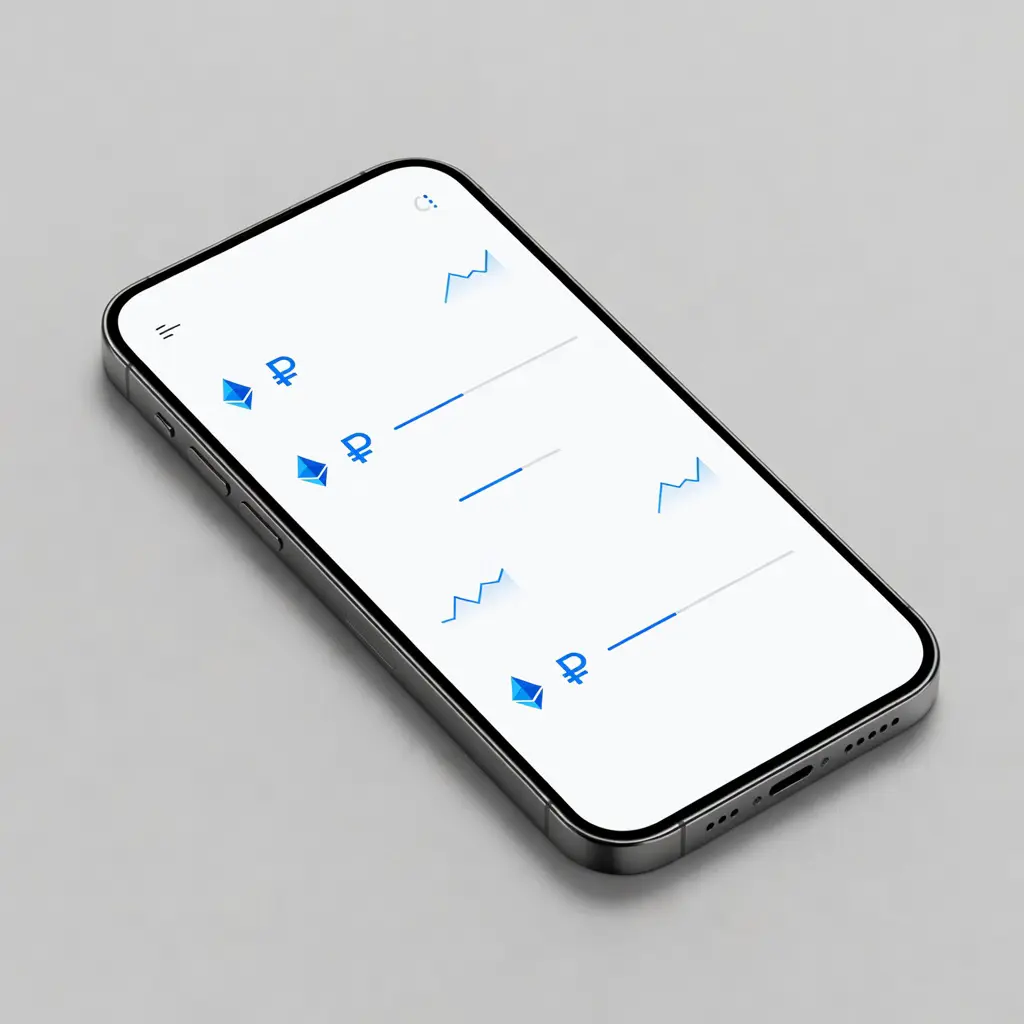 Экран смартфона с интерфейсом криптообменника, показывающий курс обмена Ethereum на российские рубли