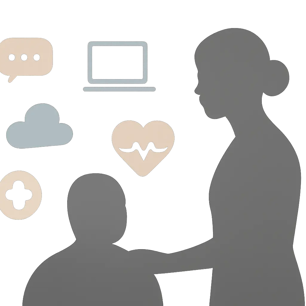 Силуэт человека с цифровыми и медицинскими иконками, символизирующий современный патронаж