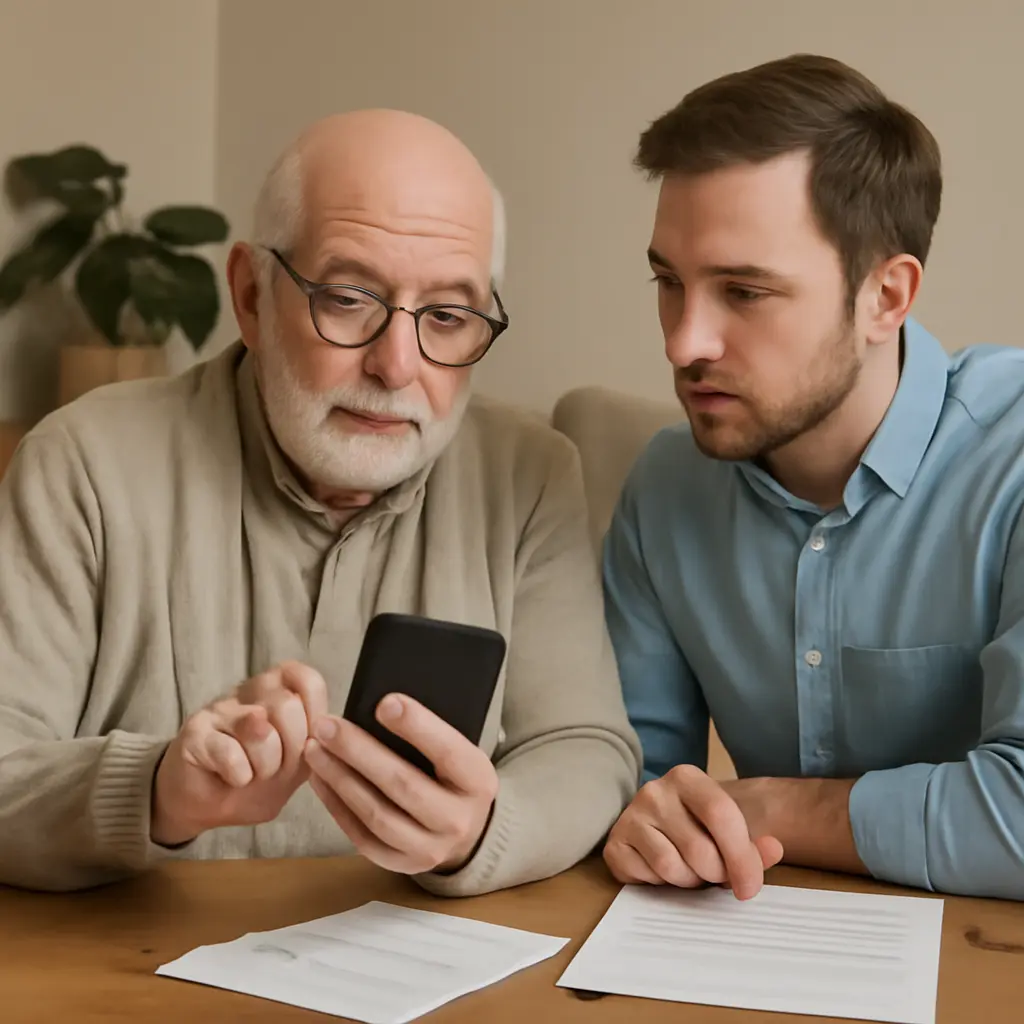 Пожилой человек и мобильное устройство, обсуждение цифровых финансов