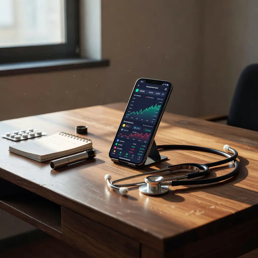 Смартфон с интерфейсом криптообменника рядом с медицинскими предметами, символизирующий связь цифровых финансов и ухода за пожилыми