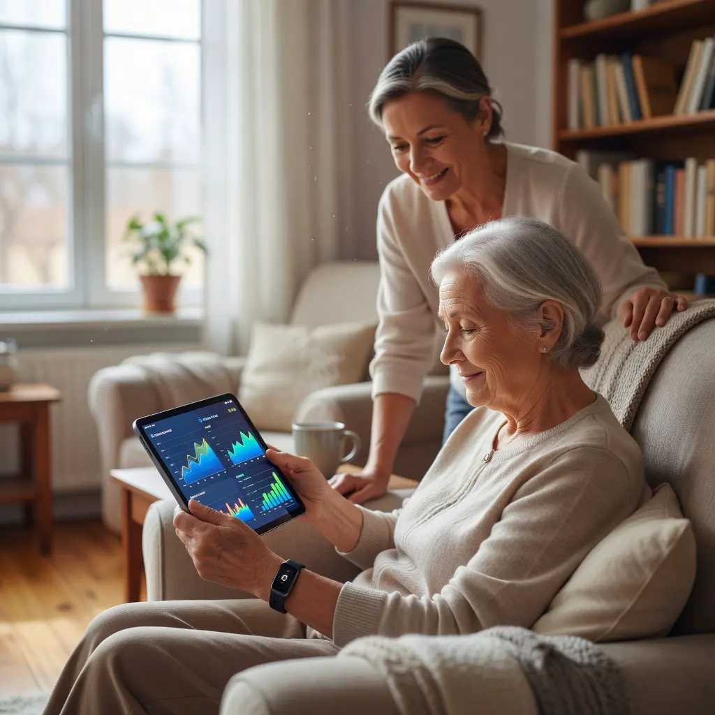 Пожилой человек с умным медицинским браслетом и планшетом для удалённого мониторинга здоровья дома