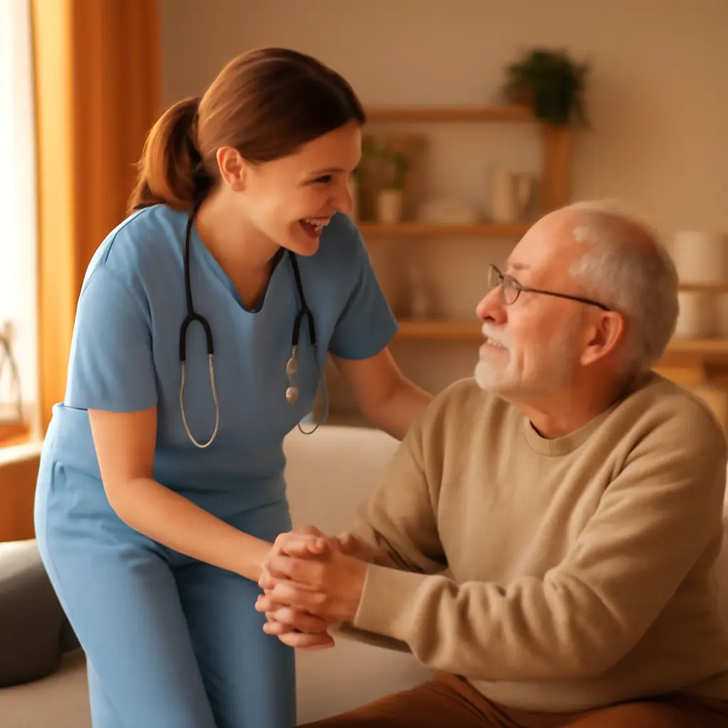 Медработник и родственник помогают пожилому человеку в домашней обстановке