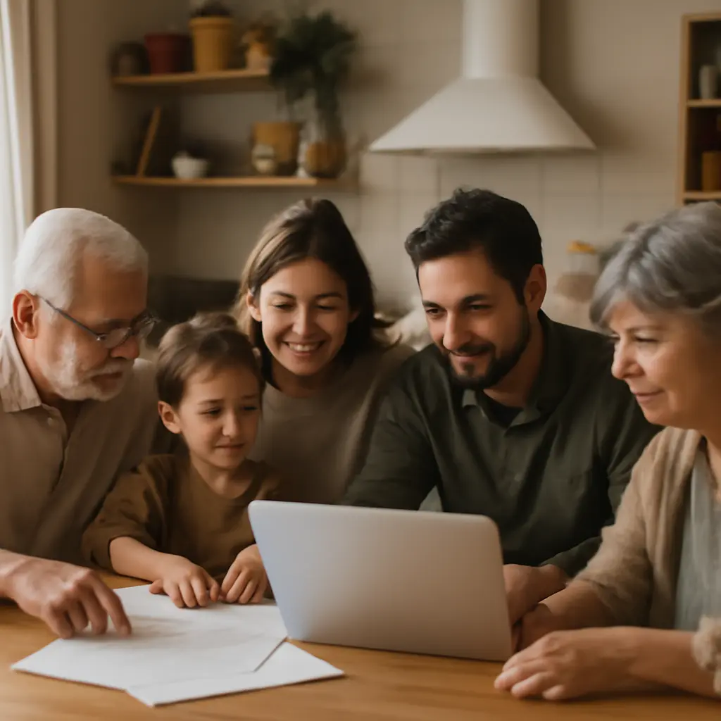 Семья совместно обсуждает план патронажного ухода за пожилым родственником за столом